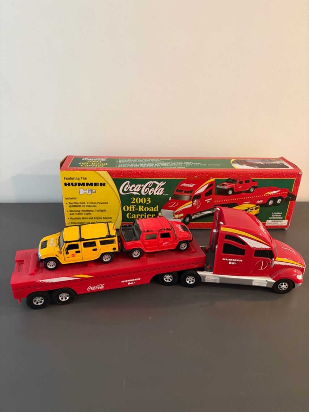 Vintage Coca Cola Red 2003 Off-Road Carrier Truck with Red & Yellow Hummer Toys